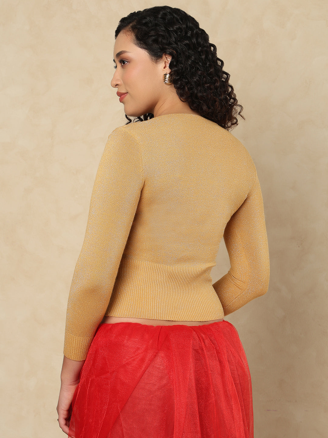 Gold Woolen Round Neck Full Sleeves Stretchable Readymade Blouse