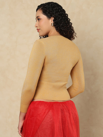Gold Woolen Round Neck Full Sleeves Stretchable Readymade Blouse