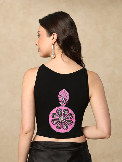 Black Cotton Lycra Sleeveless Readymade Blouse