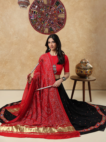 Red Silk Bandhani Printed Festive Garba Dupatta For Navratri