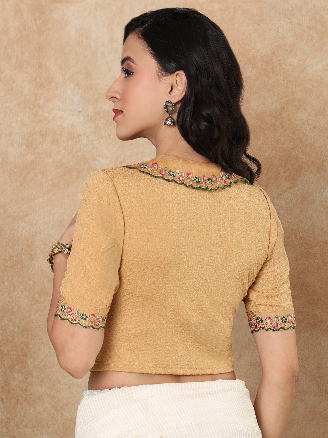 Gold Embroidered Non Padded Stretchable Saree Blouse