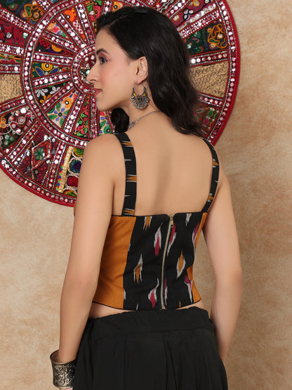 Black Cotton Ikat Sweetheart Neck Readymade Corset Blouse