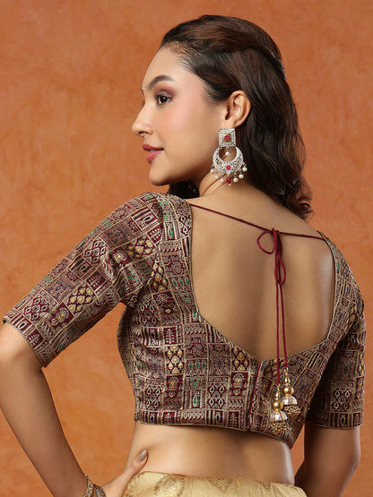 Maroon Brocade Sweetheart Neck Readymade Blouse