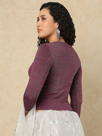 Wine Woolen Round Neck Full Sleeves Stretchable Readymade Blouse