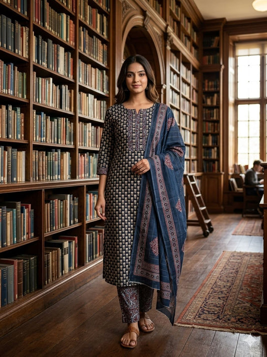 Navy Blue Cotton printed Unstitched Dress Material