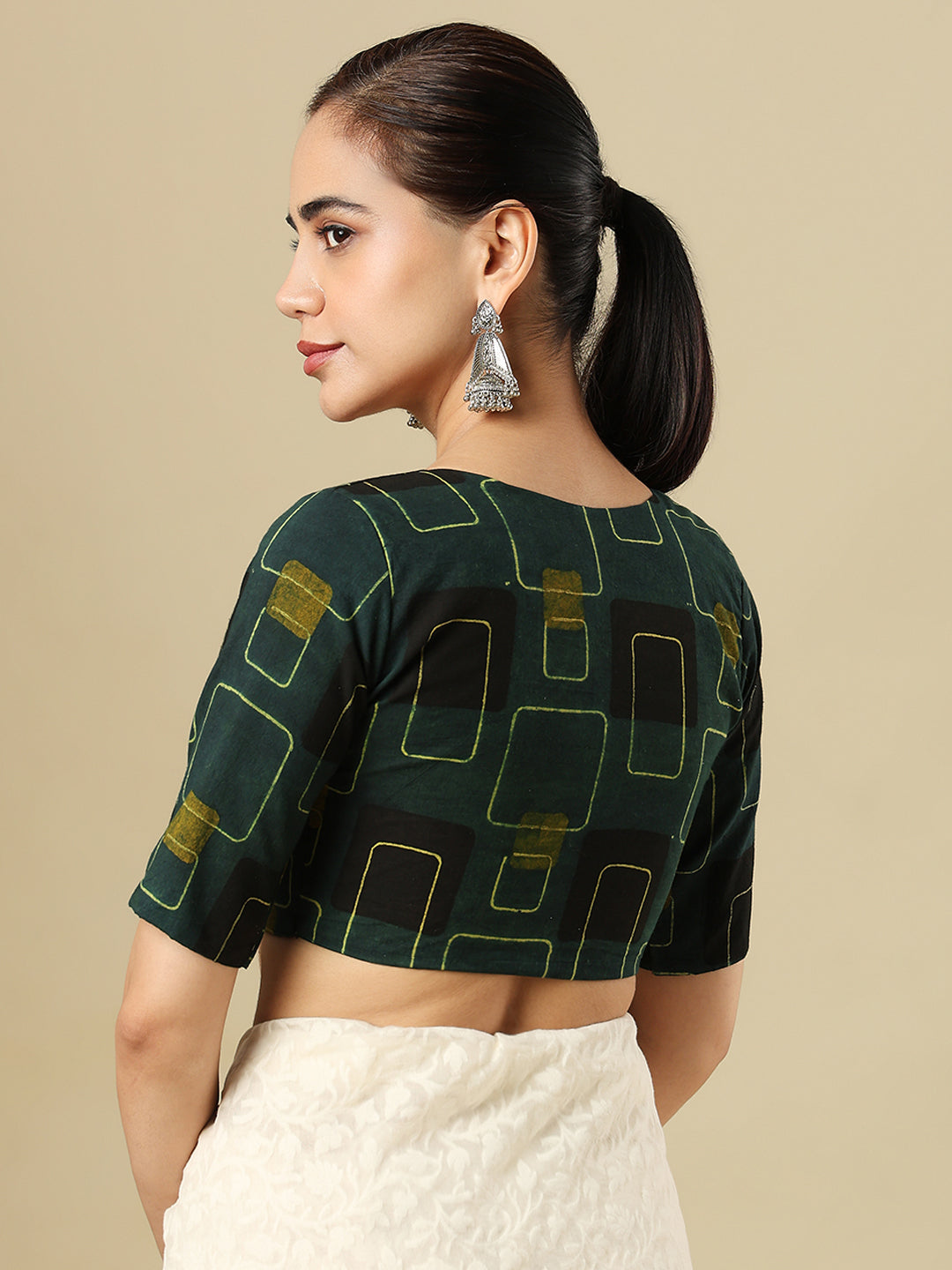 Ajrak Block Printed Cotton Boat Neck Padded Saree Blouse