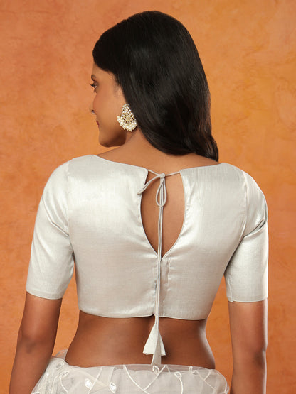 Silver Tissue Boat Neck Readymade Blouse