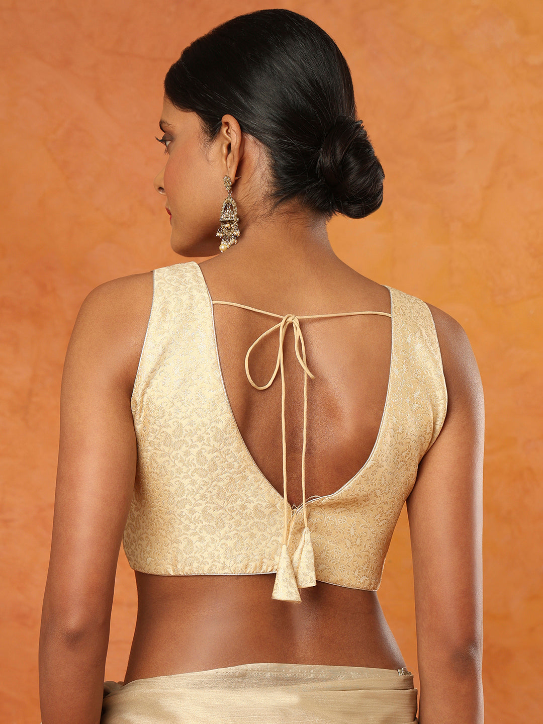 Golden Brocade Sleeveless V Neck Readymade Blouse