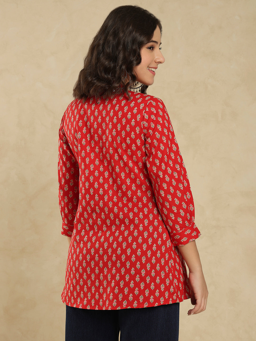 Red Cotton Ethnic Motifs Printed Short Kurti