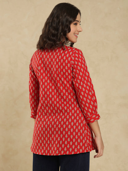 Red Cotton Ethnic Motifs Printed Short Kurti