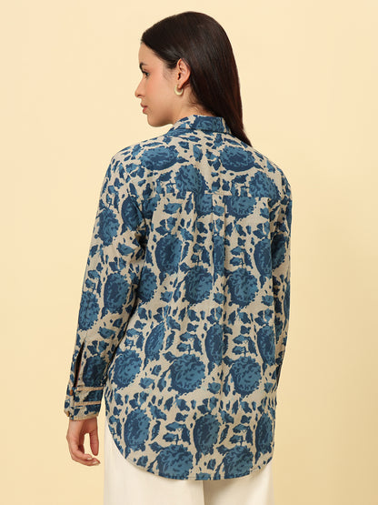 Blue Cotton Printed Oversized Casual Shirt