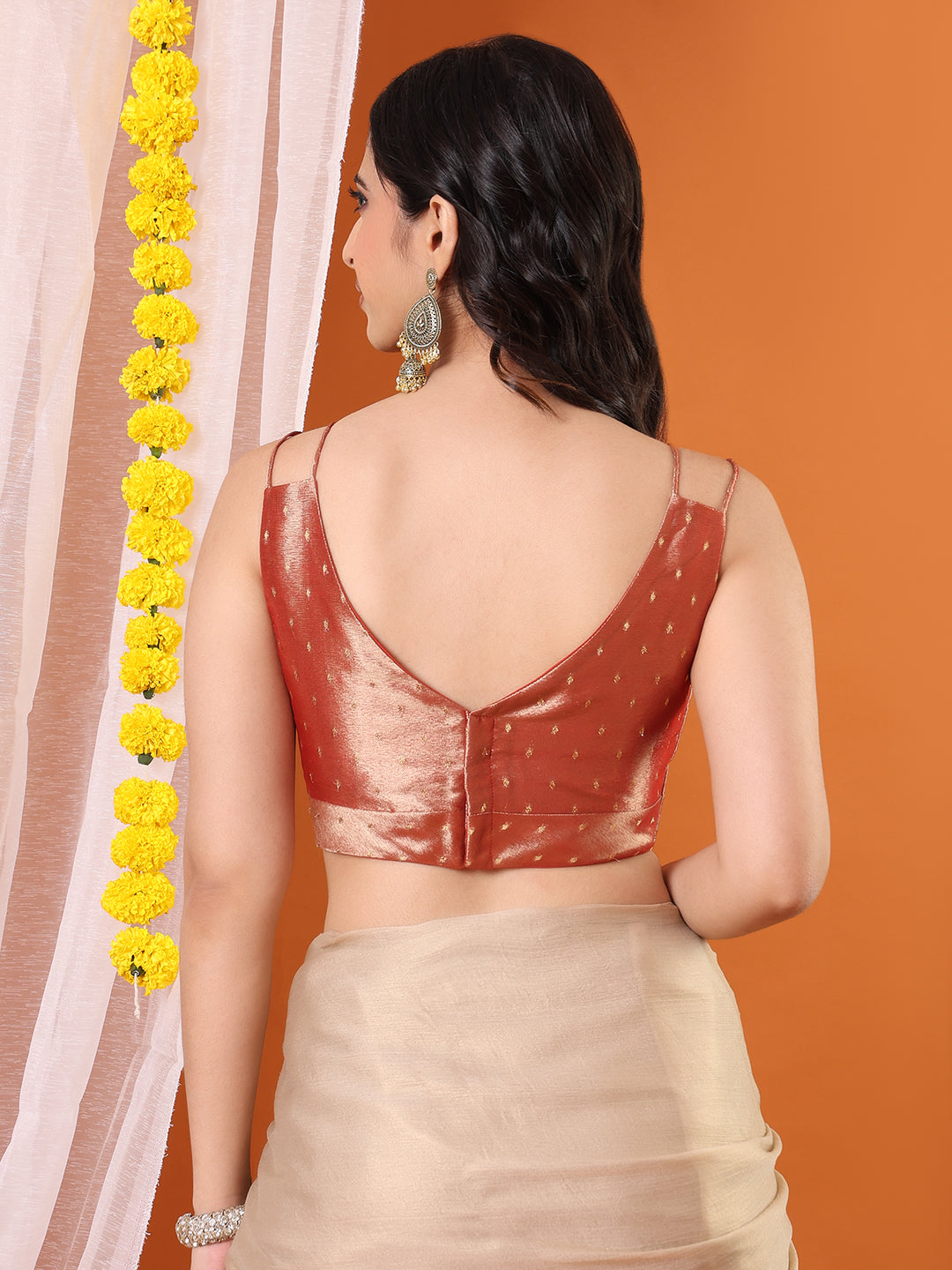 Rust Tissue Woven Design Sleeveless Padded Saree Blouse