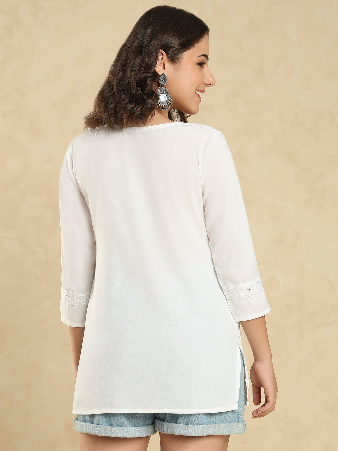 White Cotton Solid Embroidered Short Kurti