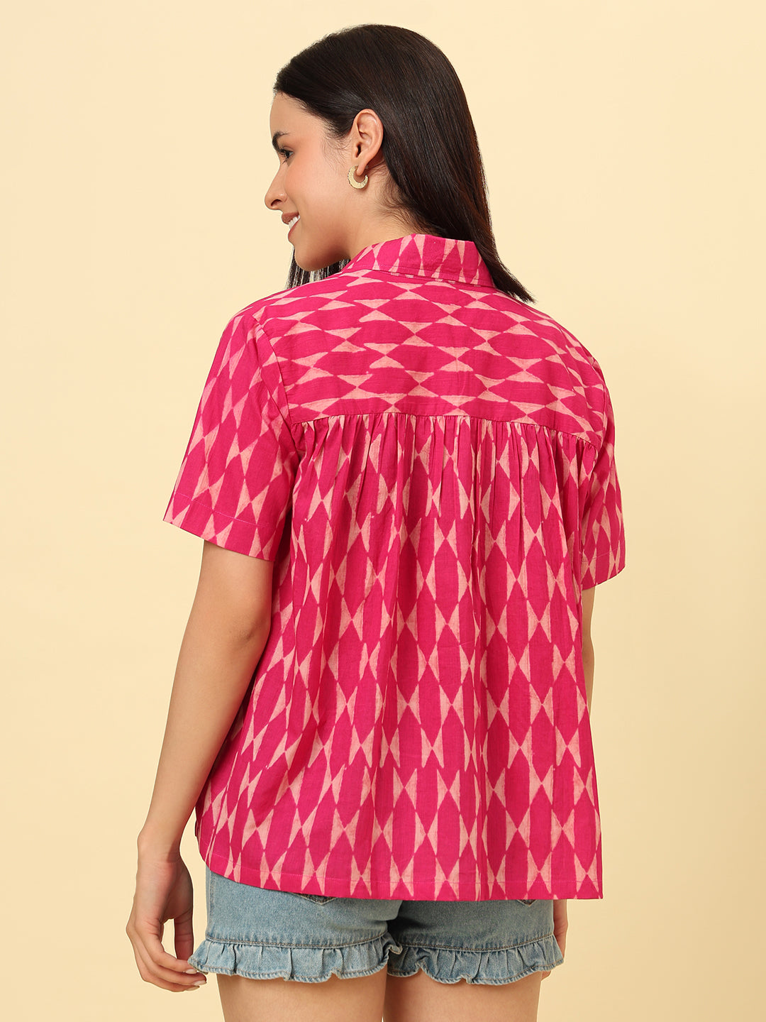 Pink Cotton Printed Oversized Casual Shirt
