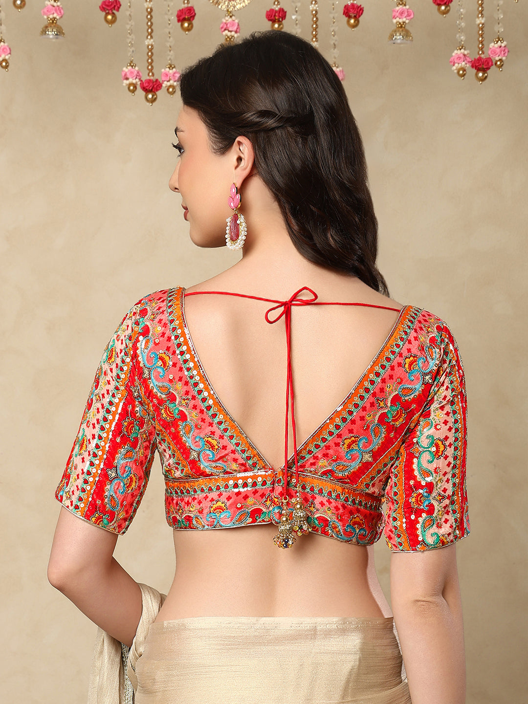 Red silk V Neck Readymade Blouse