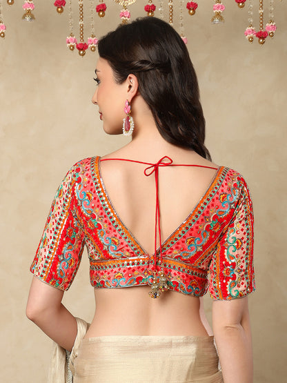 Red silk V Neck Readymade Blouse