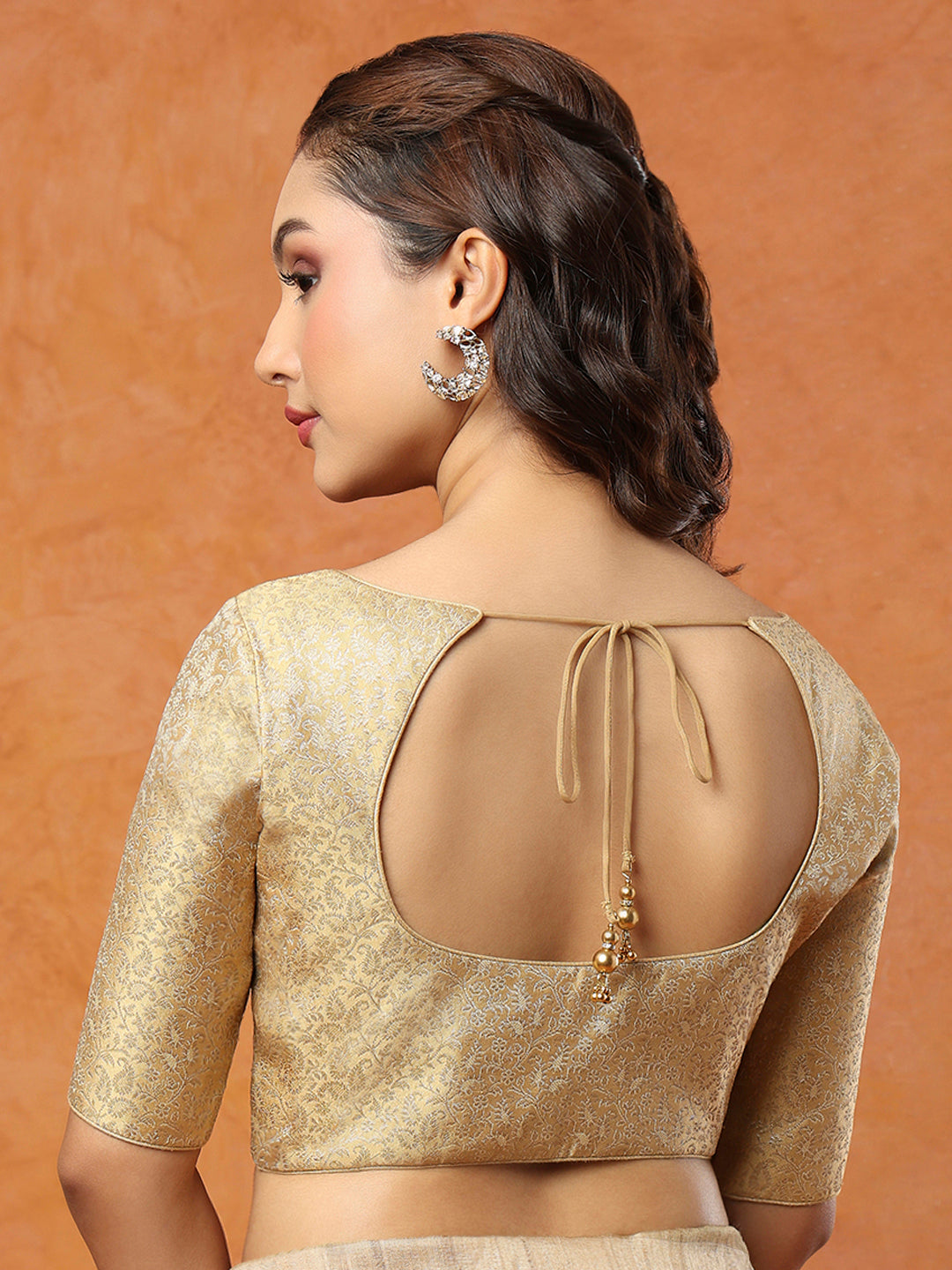 Gold Brocade Round Neck Readymade Blouse