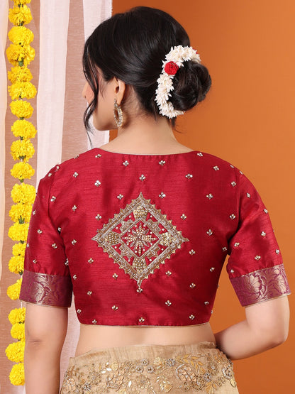 Maroon Silk Embroidered Sweetheart Neck Padded Saree Blouse