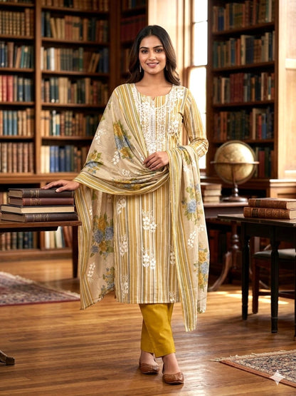 Yellow Cotton Embroidered Unstitched Dress Material