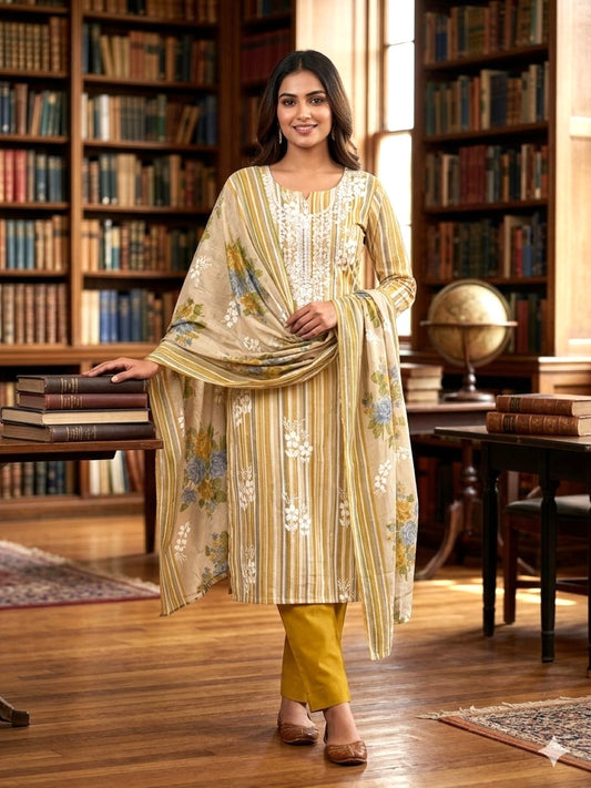 Yellow Cotton Embroidered Unstitched Dress Material