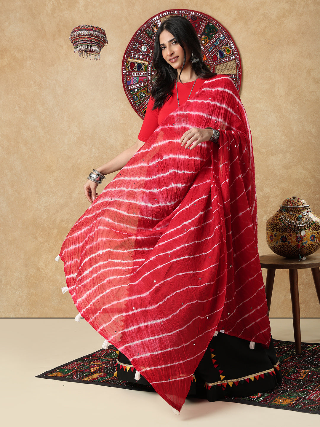 Red Silk Tie & Dye Festive Garba Dupatta For Navratri