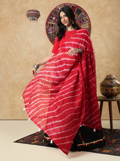 Red Silk Tie & Dye Festive Garba Dupatta For Navratri