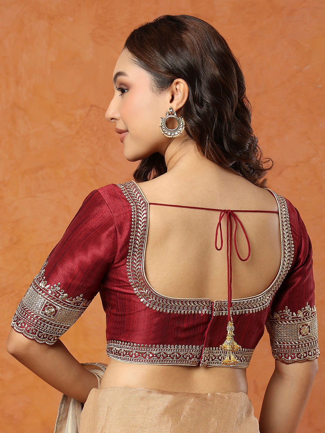 Maroon Mulberry Silk Round Neck Readymade Blouse