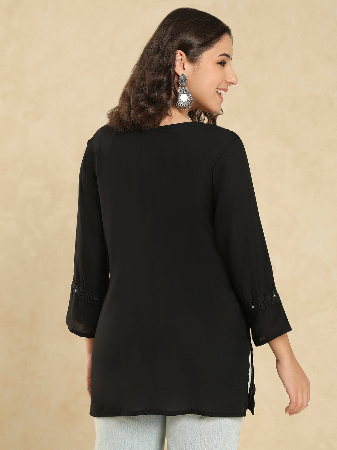 Black Cotton Solid Embroidered Short Kurti