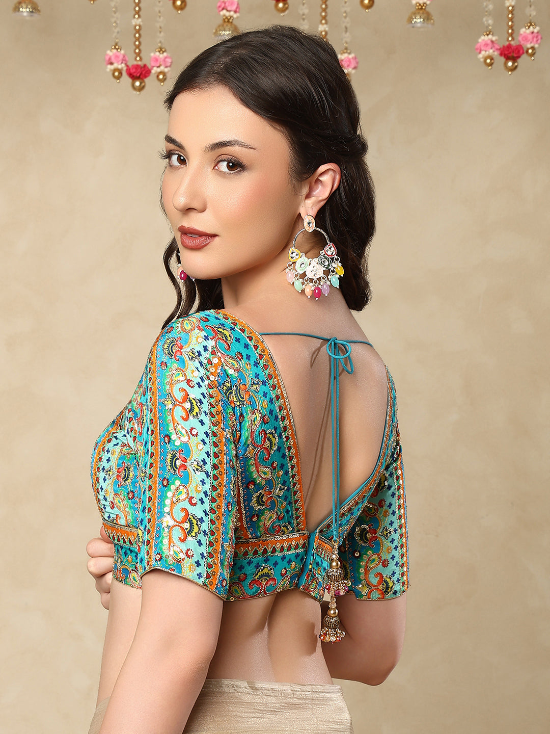 Sea Blue silk V Neck Readymade Blouse