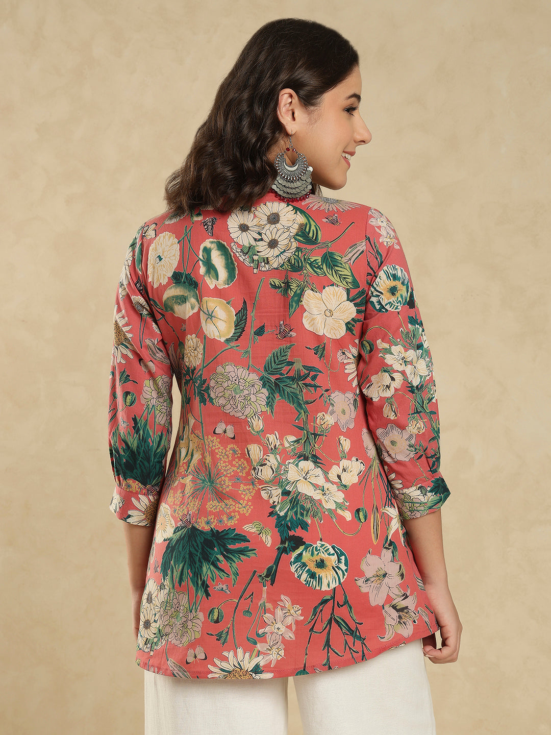 Red Cotton Floral Printed Short Kurti