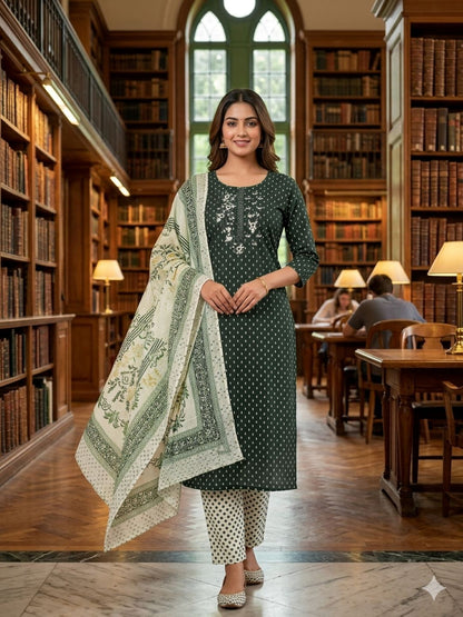 Green Cotton Embroidered Unstitched Dress Material