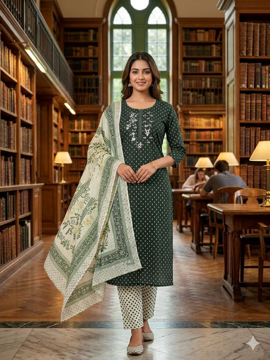 Green Cotton Embroidered Unstitched Dress Material