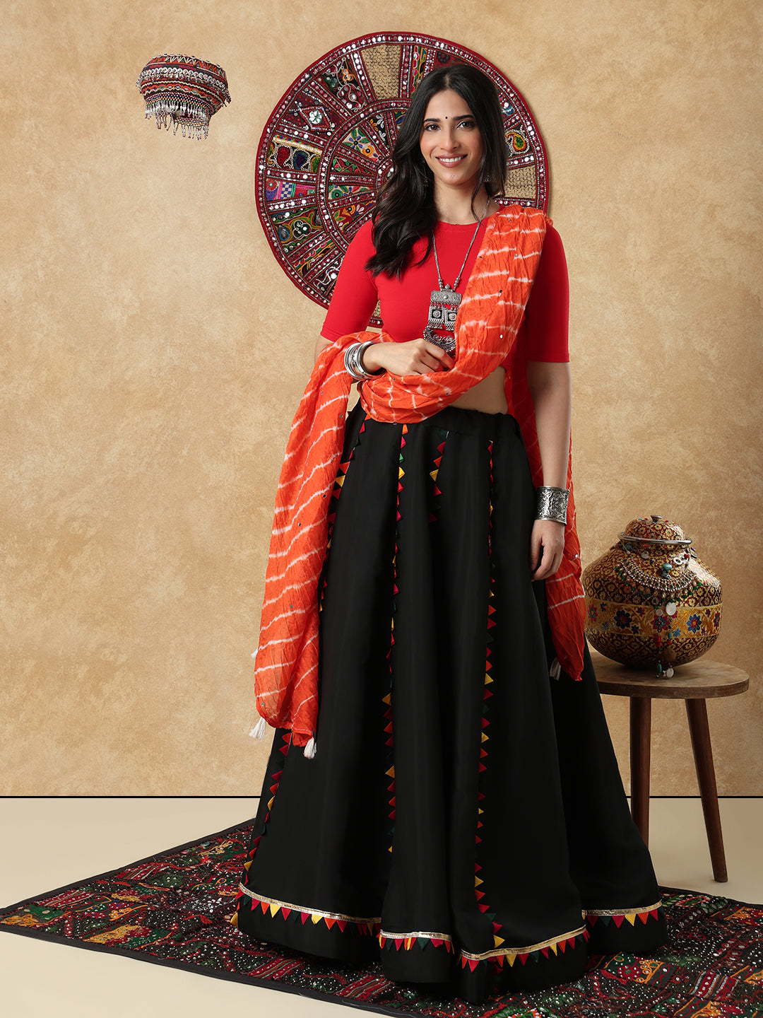 Orange Silk Tie & Dye Festive Garba Dupatta For Navratri