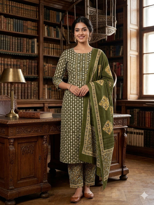 Olive Cotton Printed Unstitched Dress Material