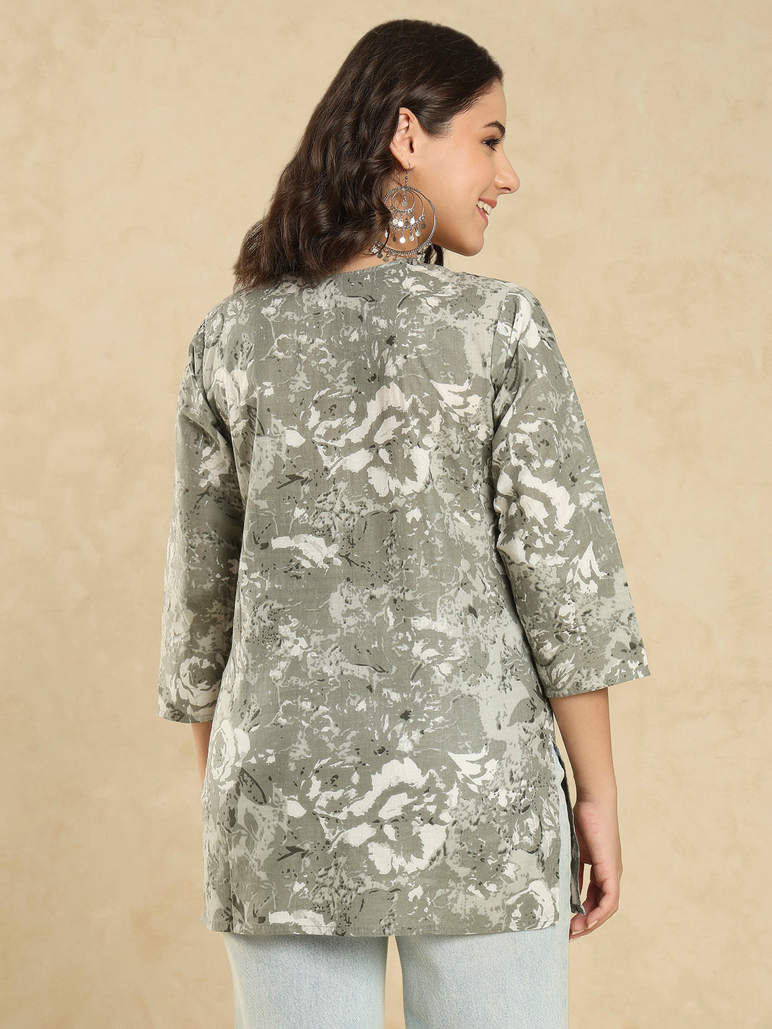 Grey Cotton Printed Embroidered Short Kurti