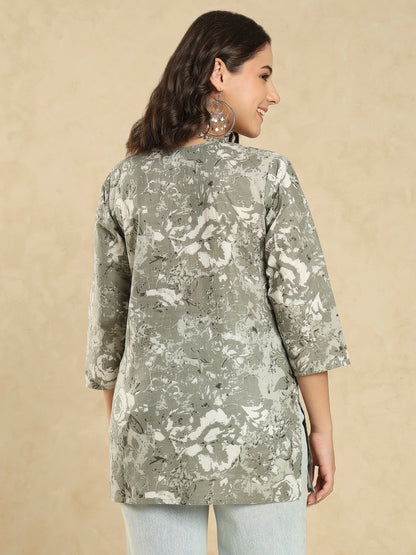 Grey Cotton Printed Embroidered Short Kurti