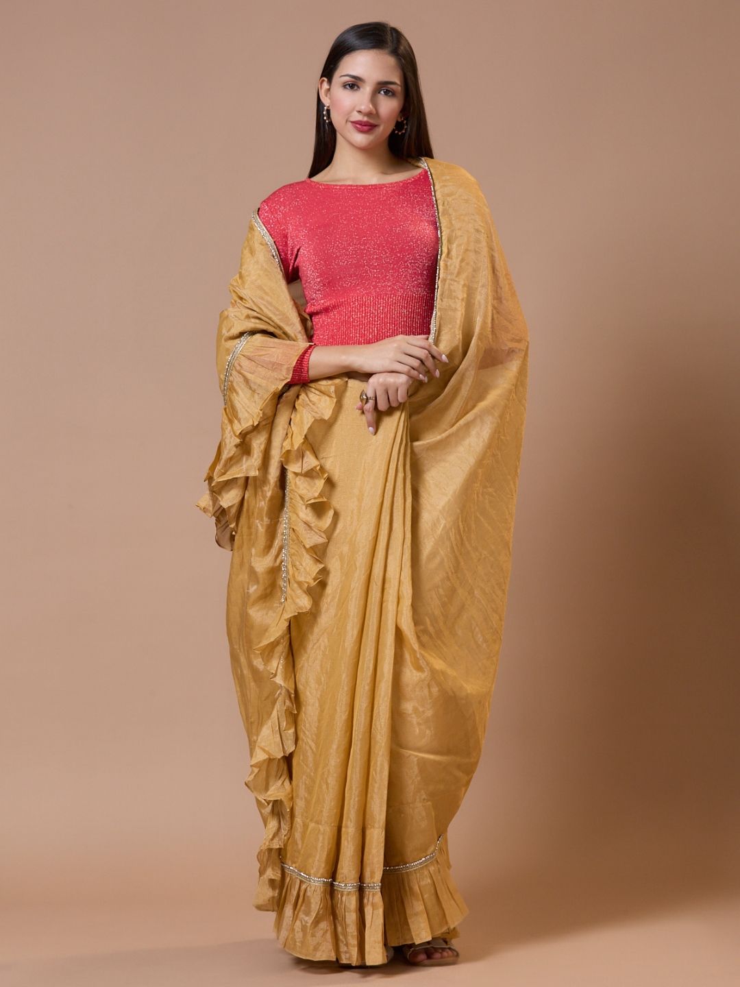 Red Woolen Round Neck Full Sleeves Stretchable Readymade Blouse