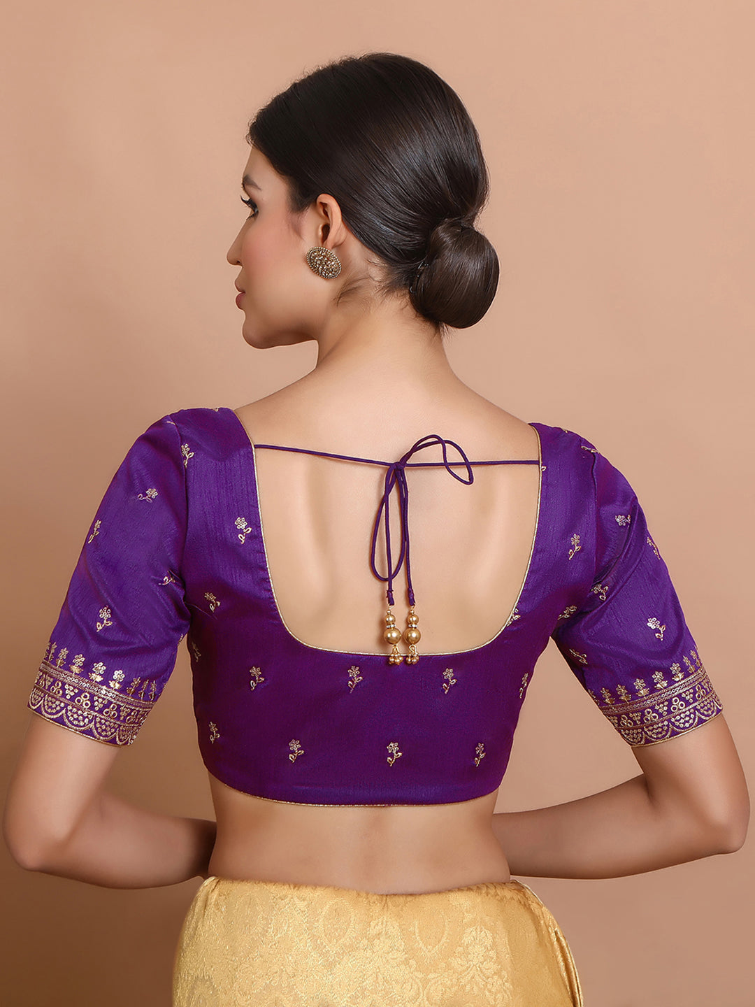 Purple Silk Embroidered Round Neck Readymade Blouse