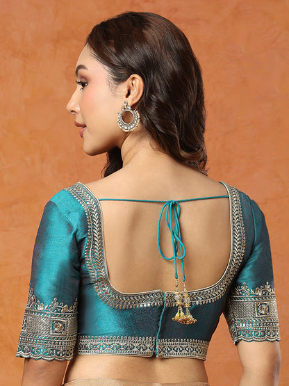 Green Mulberry silk Round Neck Readymade Blouse