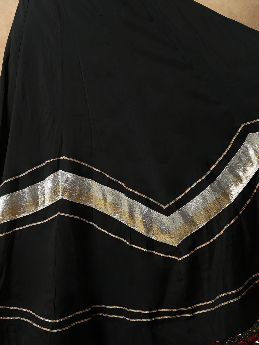 Black Embellished Lace Work Garba Cotton Readymade Skirt For Navratri