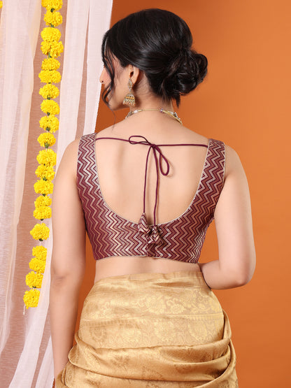 Burgundy Brocade Woven Design Sleeveless Padded Saree Blouse