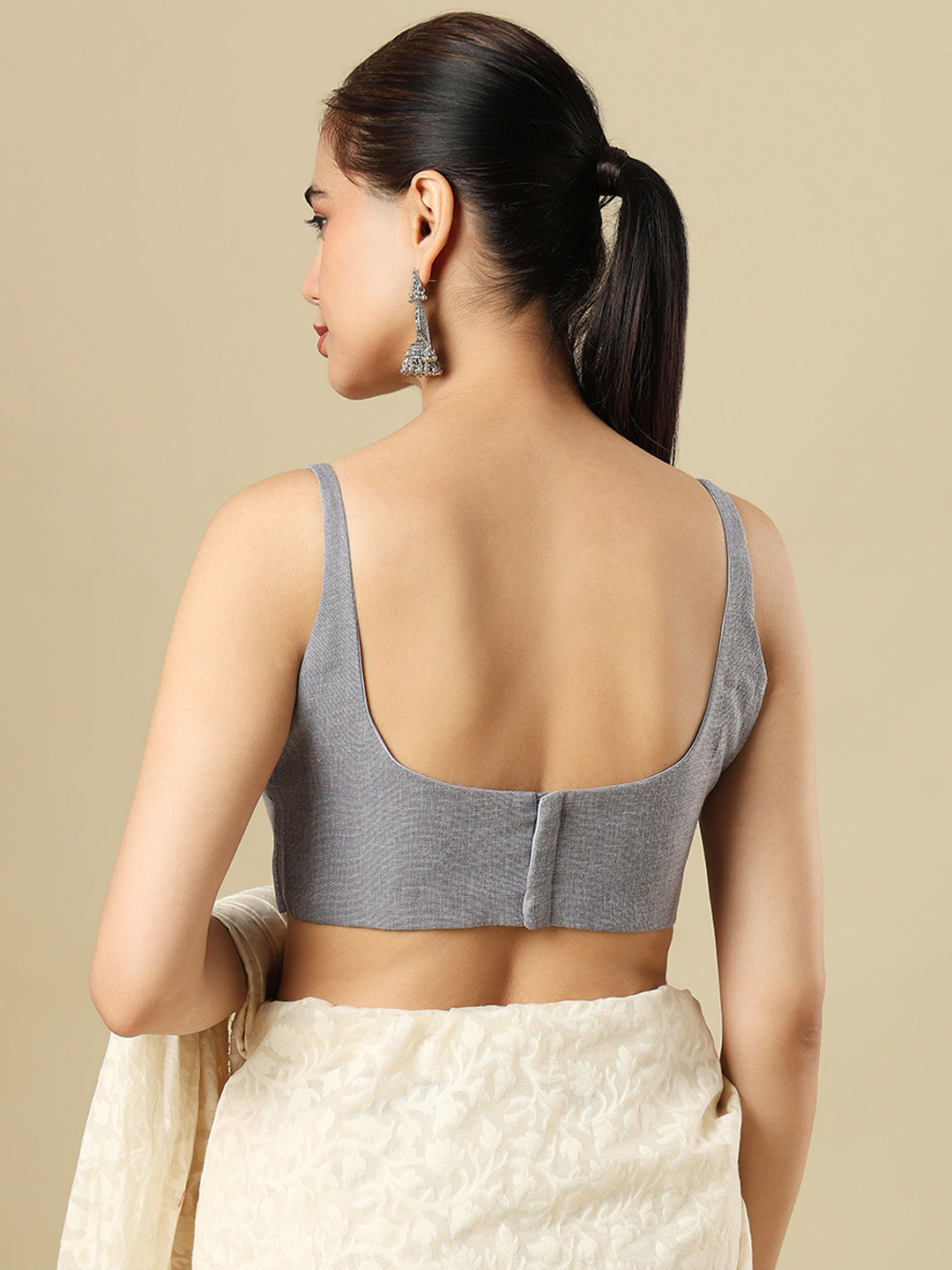 Grey Pure Linen Sleeveless Readymade Saree Blouse