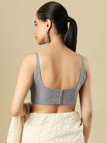 Grey Pure Linen Sleeveless Readymade Saree Blouse