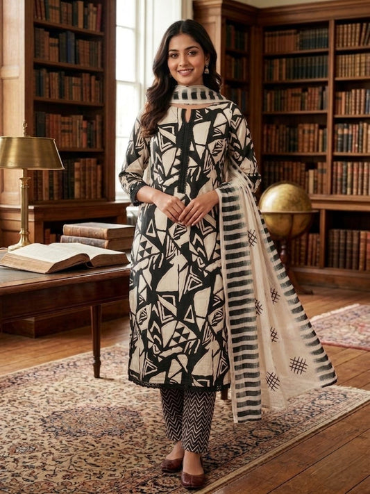 Black Cotton printed Unstitched Dress Material