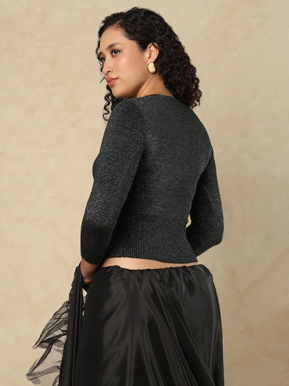 Black Woolen Round Neck Full Sleeves Stretchable Readymade Blouse