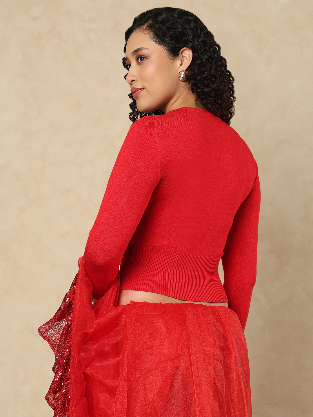 Red Woolen Round Neck Readymade Blouse