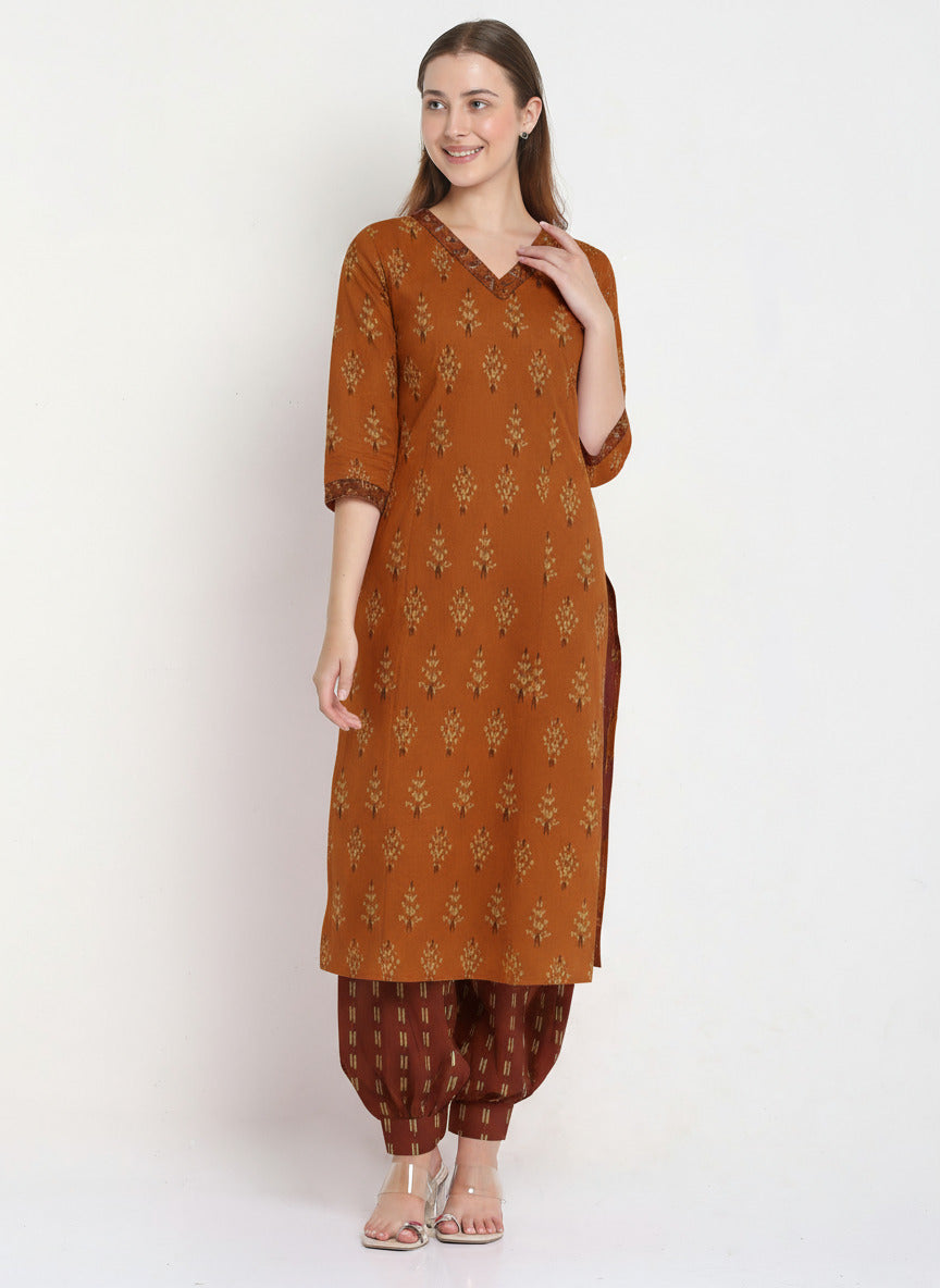 Rust Cotton Printed Unstitched Dress Material (2 Pc)