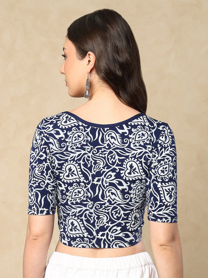 Blue Cotton Lycra Round Readymade Blouse