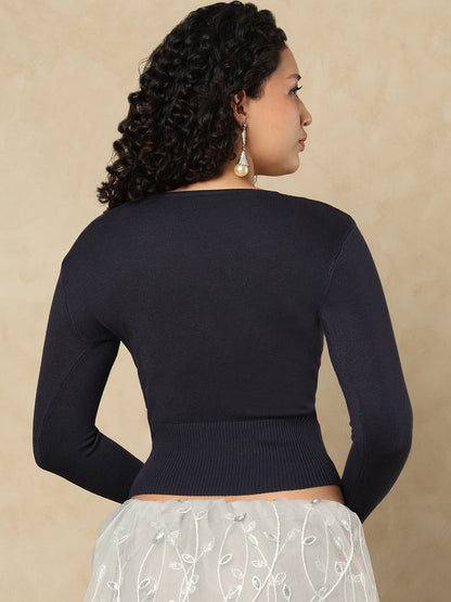 Navy Blue Woolen Round Neck Readymade Blouse