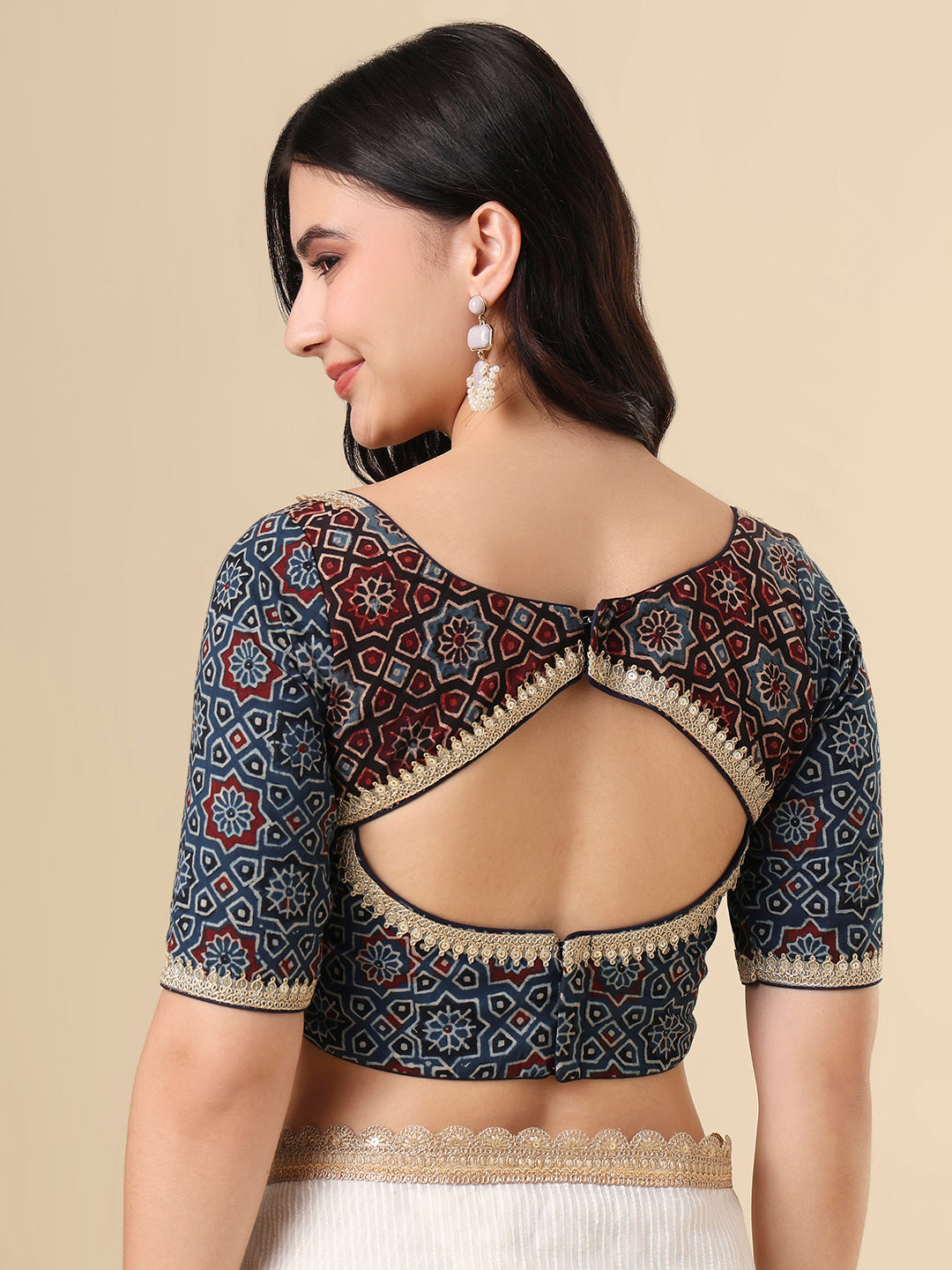 Blue Cotton Sweetheart Neck Hand Block Printed Ajrakh Readymade Blouse
